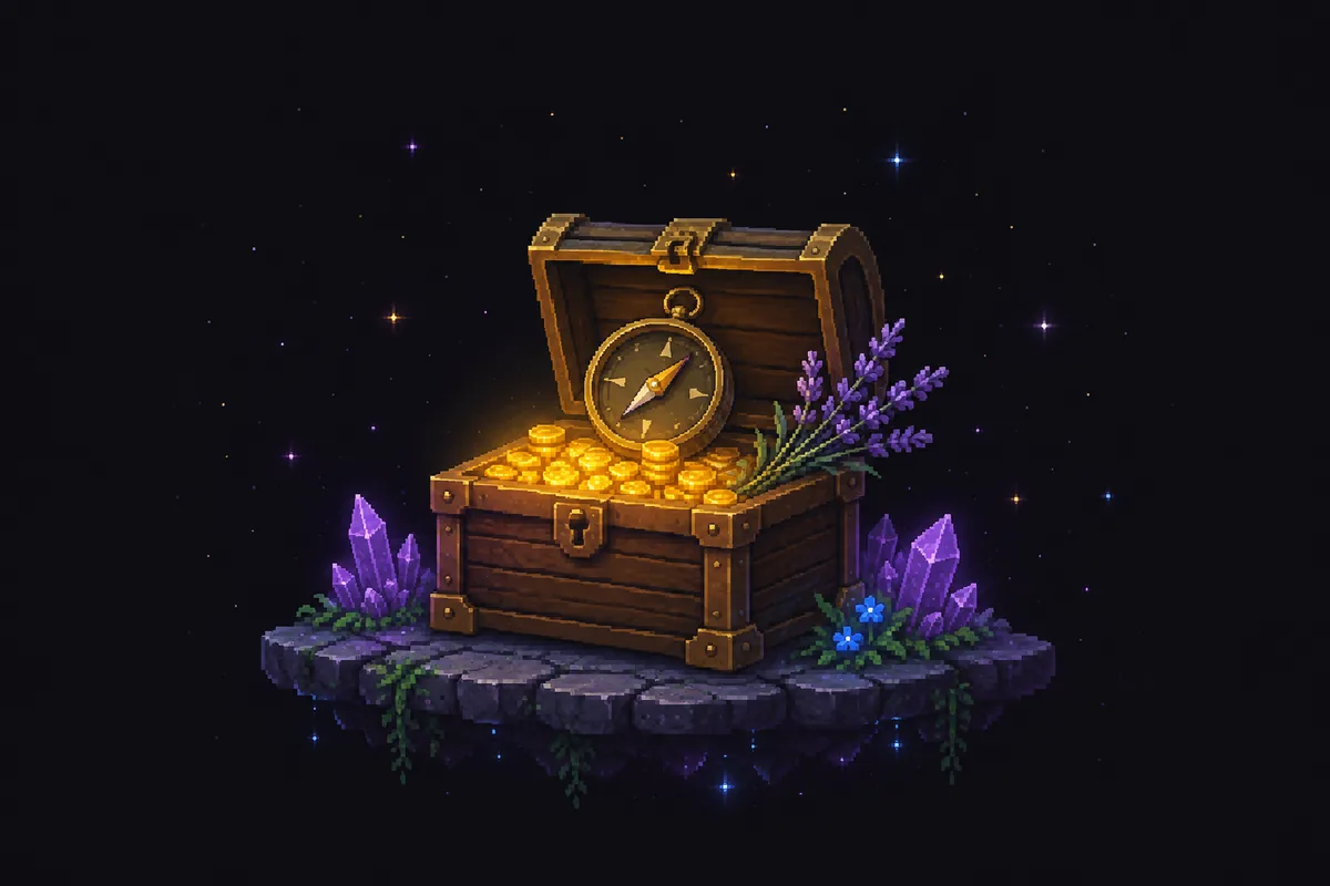 Pixel art of an open treasure chest full of gold coins on a floating stone slab, with a brass compass set in the lid and violet crystals around it.