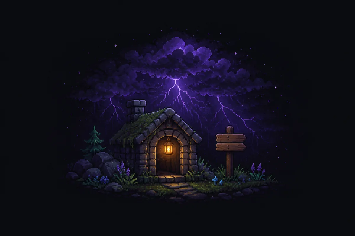 Pixel art of a stone shelter with a gold lantern under a violet lightning storm, with a blank wooden signpost beside it.
