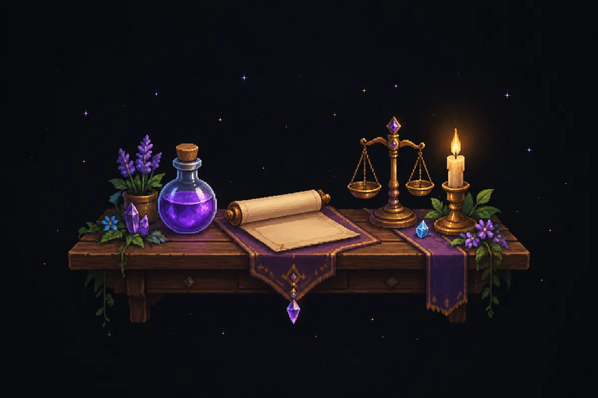 Pixelgrafik eines Holzschreibtischs mit violettem Läufer, darauf Lavendel im Topf, eine violette Trankflasche, eine offene Schriftrolle, eine Messingwaage und eine Kerze.