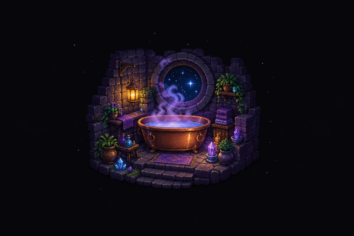 Pixelgrafik einer kupfernen Badewanne mit dampfendem Wasser in einem steinernen Badezimmer, mit rundem Sternenfenster, Hängelaterne, Pflanzen und violetten Handtüchern.