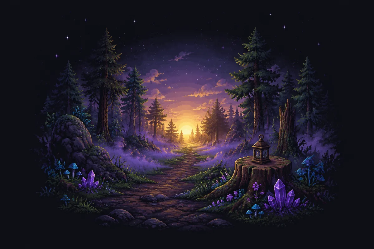 Pixelgrafik eines Waldwegs bei Tagesanbruch, mit goldenem Sonnenaufgang zwischen Kiefern, sich hebendem violettem Nebel und einer erloschenen Laterne auf einem Baumstumpf.