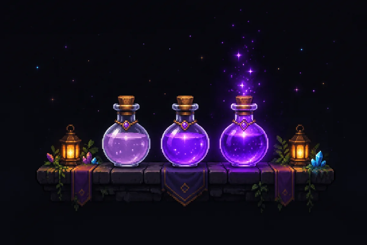 Pixelgrafik von drei Trankflaschen auf einem Steinregal, von blassem Lavendel bis zu intensivem, funkelndem Violett, mit kleinen Laternen und violetten Bannern.