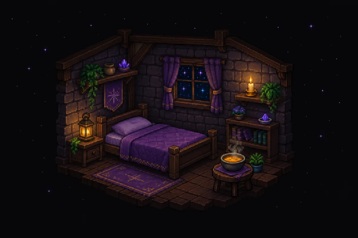 Pixelgrafik eines steinernen Schlafzimmers mit einem Bett unter violetter Decke, einer Laterne auf dem Nachttisch, einem Sternenfenster und einer dampfenden Schale Brühe.