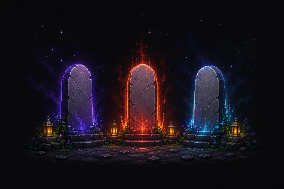 Pixelgrafik von drei gewölbten Steintafeln auf gestuften Sockeln, die schwach violett, rotorange und frostblau leuchten, mit Laternen dazwischen.