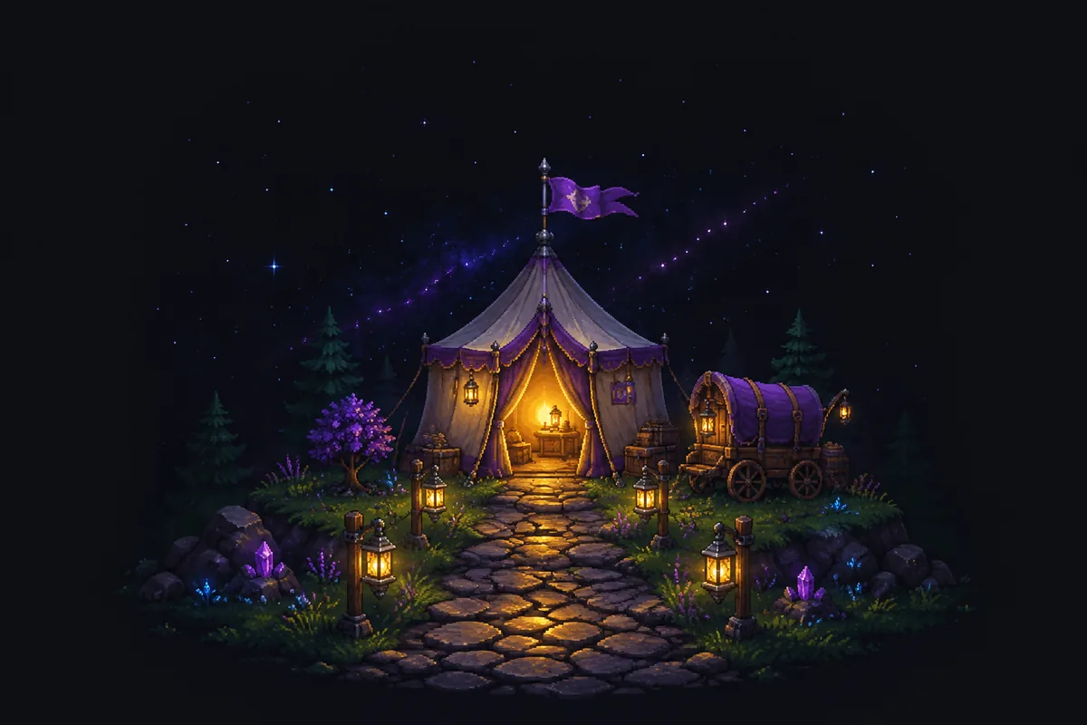 Pixelgrafik eines leuchtenden Zeltes mit violetter Borte und Fahne, Laternenpfosten an einem Steinweg und einem Karren mit violettem Verdeck zwischen Kiefern.