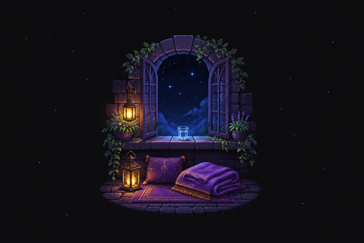 Pixelgrafik eines offenen Bogenfensters aus Stein bei Nacht, mit einem Glas Wasser auf dem Sims, einer Hängelaterne, Lavendel im Topf und einer gefalteten Decke mit Kissen auf einem Teppich.