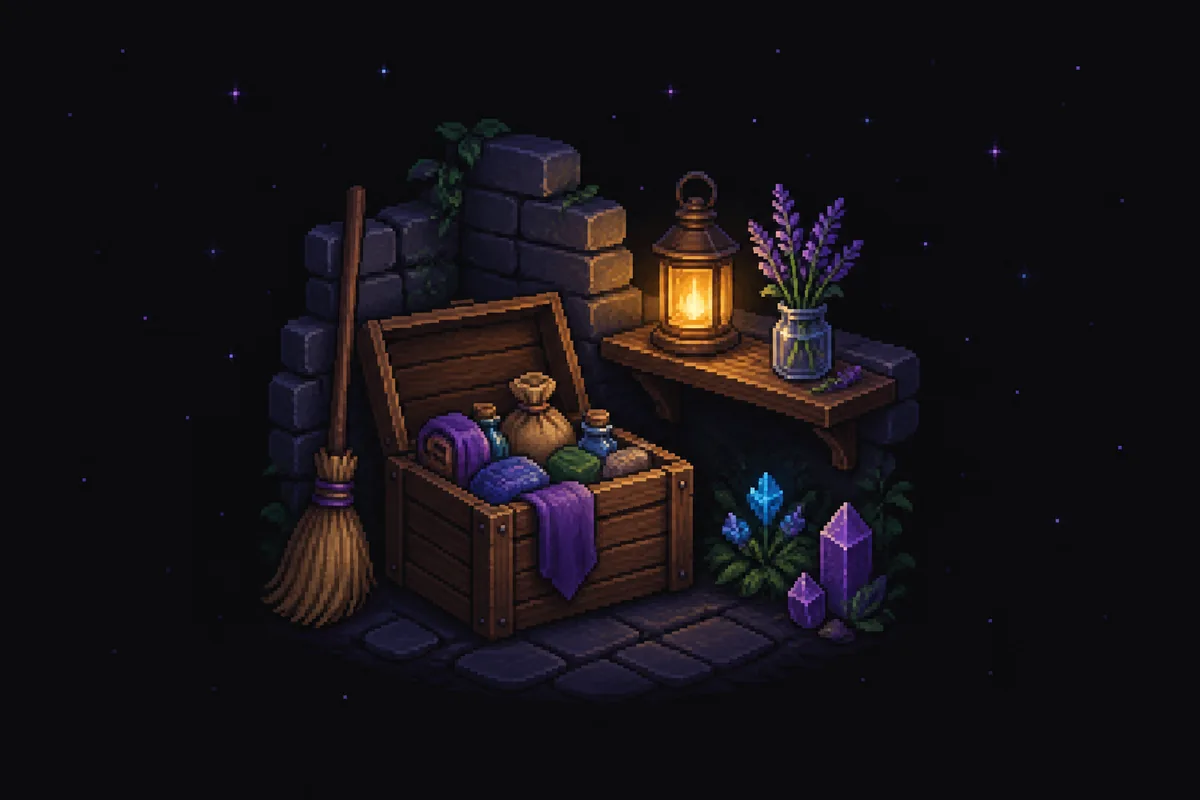 Pixelgrafik einer offenen Holzkiste voller Stoffbündel, einem Sack und Trankflaschen neben einem Besen an einer Steinwand, darüber ein Regal mit Laterne und Lavendelvase.