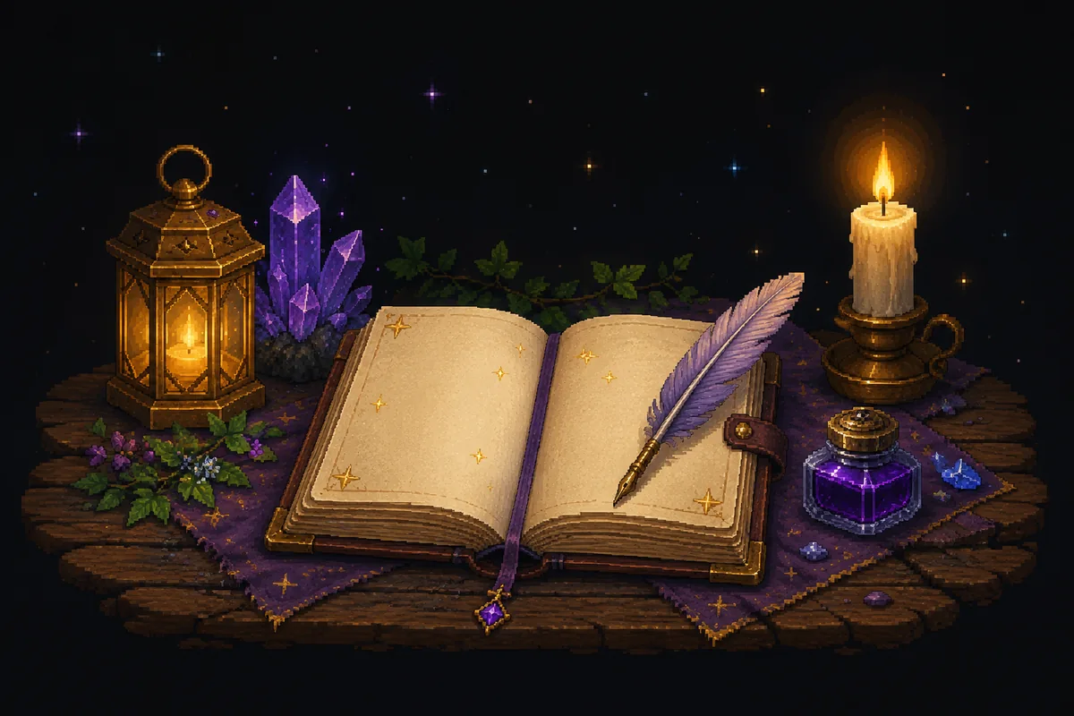 Pixel art of an open journal with blank star-flecked pages, a lavender quill, a brass lantern, a violet crystal, a candle, and an ink bottle on a wooden desk.