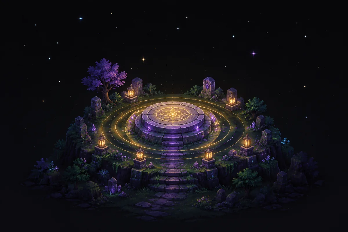Pixel art of a round stone platform on a floating island with concentric gold rings of light spreading outward, surrounded by lantern posts and a violet-leafed tree.