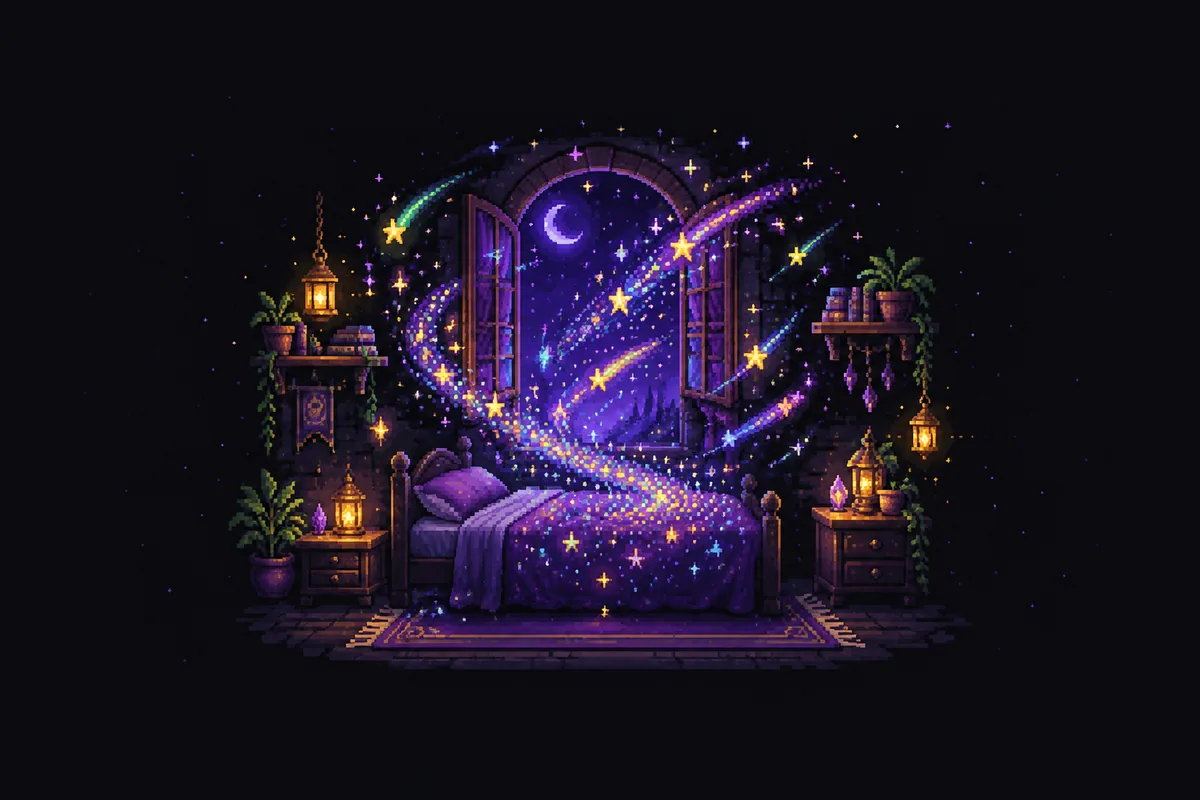 Pixelgrafik eines Betts mit violetter Decke, überflutet von Sternenströmen, die durch ein offenes Bogenfenster mit Mondsichel hereinfallen, mit Sternschnuppen, Laternen und Pflanzen.