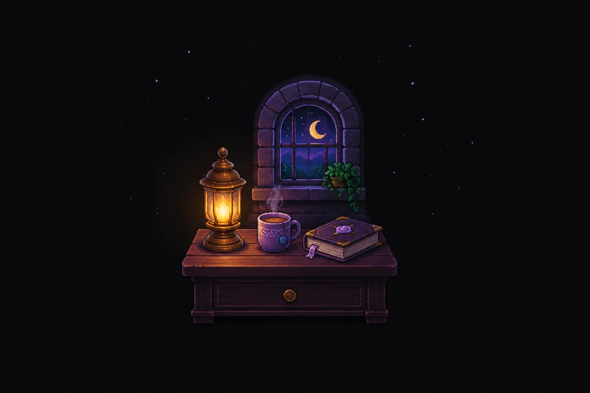 Pixelgrafik eines Nachttischs mit goldener Laterne, dampfendem Teebecher und geschlossenem violettem Buch unter einem Bogenfenster mit Mondsichel und Hängepflanze.