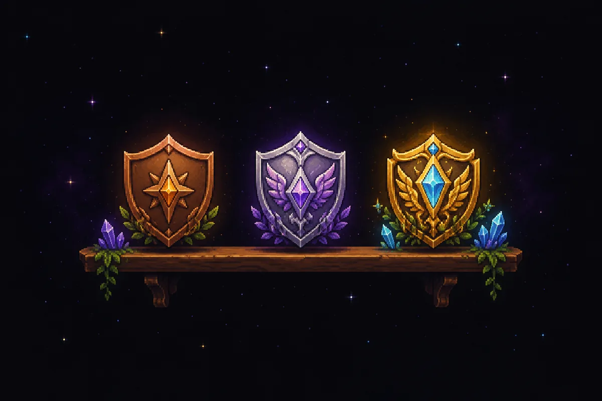 Pixelgrafik von drei Schildabzeichen auf einem Holzregal: Bronze mit Stern, Silber mit violetten Flügeln und Edelstein, Gold mit frostblauem Edelstein und Lorbeerflügeln.