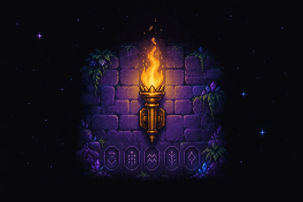 Pixelgrafik einer lodernden goldenen Fackel an einer Steinmauer, an deren Fuß fünf beschnitzte Tafeln in einer Reihe stehen, mit Kristallen und Ranken.