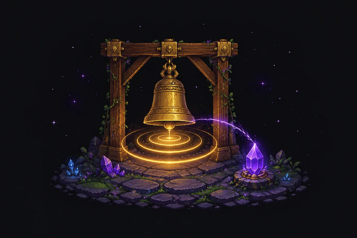 Pixelgrafik einer Messingglocke an einem Holzgestell, von der sich goldene Klangringe über den Boden ausbreiten, während ein violetter Funke zu einem violetten Kristall auf einem kleinen Sockel springt.