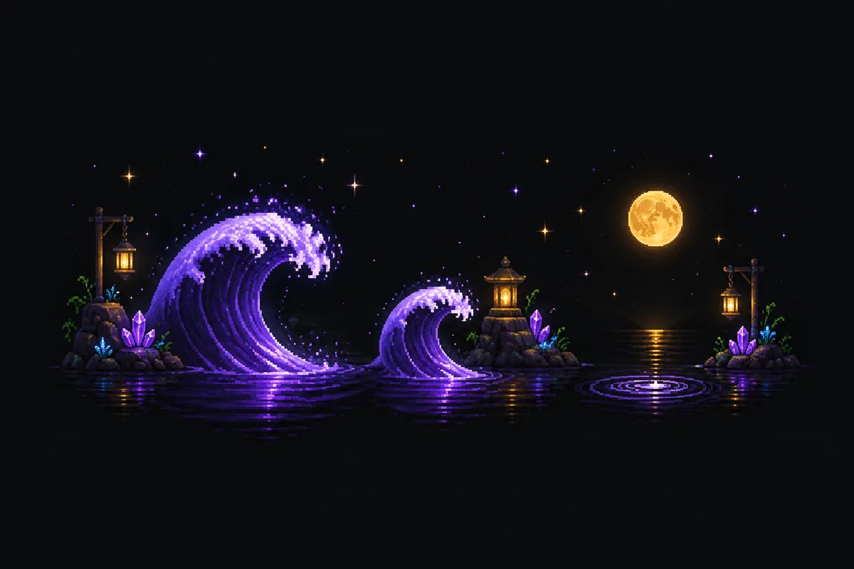 Pixelgrafik von drei violetten Wellen, die von links nach rechts auf dunklem Wasser kleiner werden, bis nur ein ruhiges Kräuseln unter einem vollen goldenen Mond bleibt, mit Laternen auf Felseninseln.