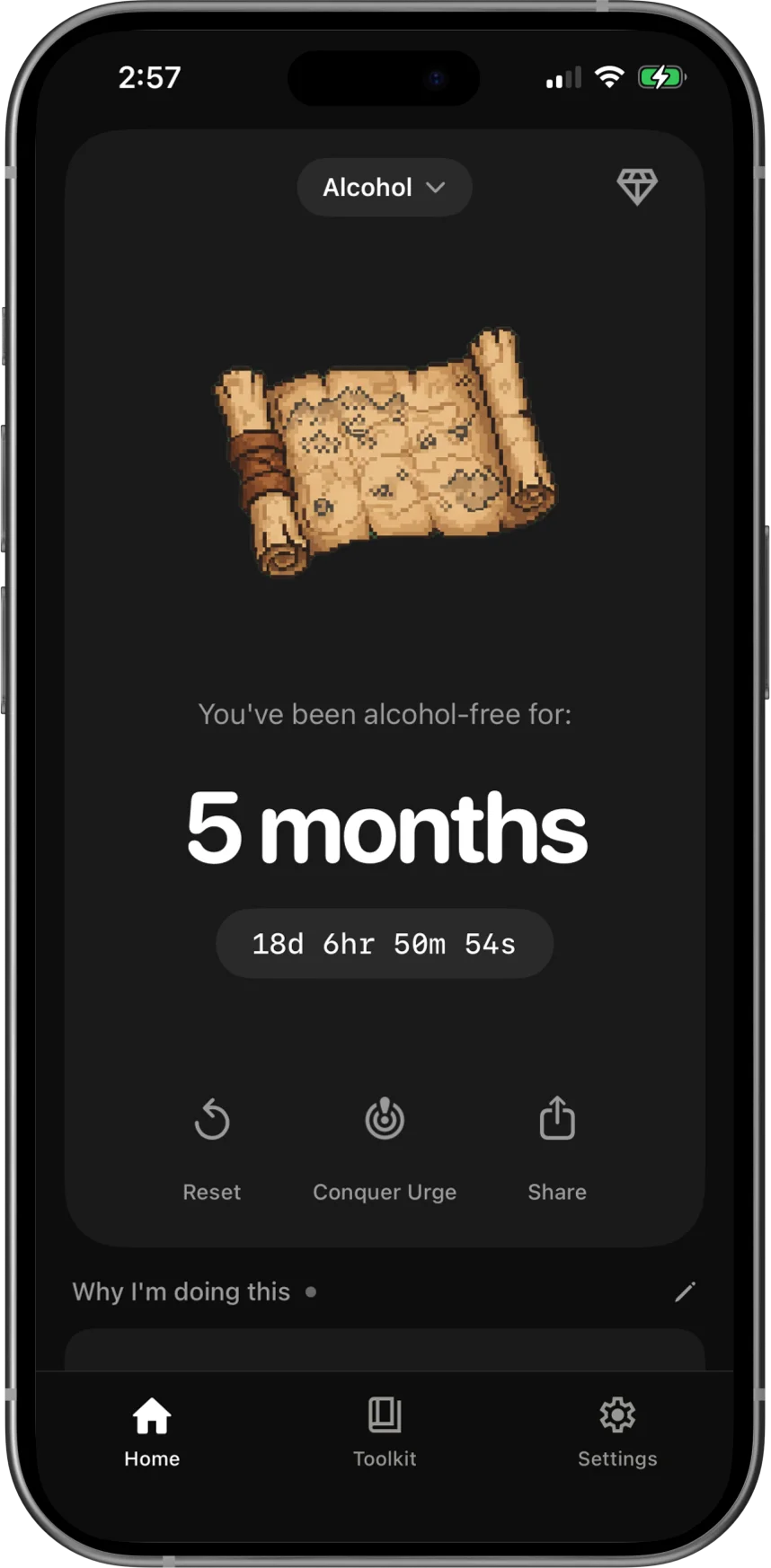 SoberQuest app showing sobriety timer and Phoenix Guardian badge